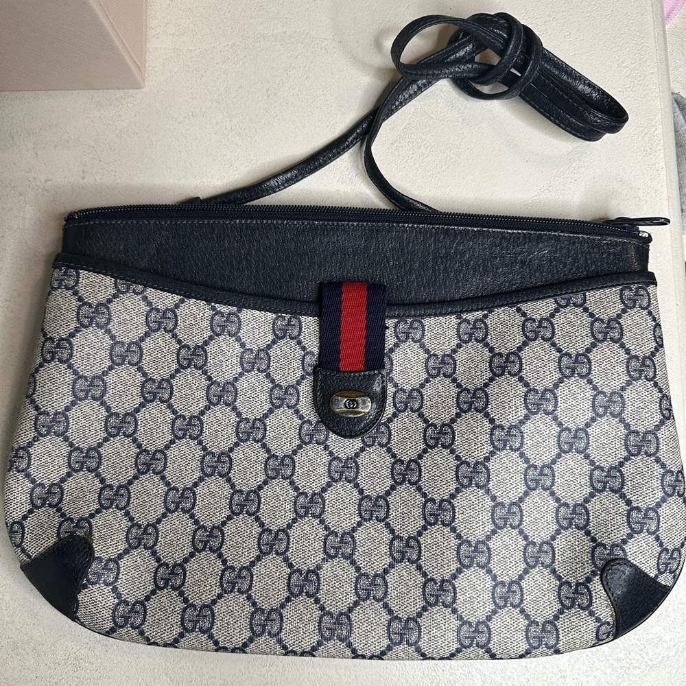 GUCCI vintage GG monogram canvas web shoulder bag navy